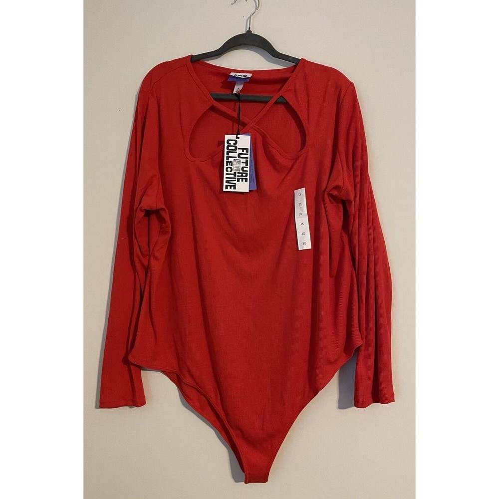 Future Collective Women's plus Bodysuit Ribbed Cut Out Neck Red Size 3X